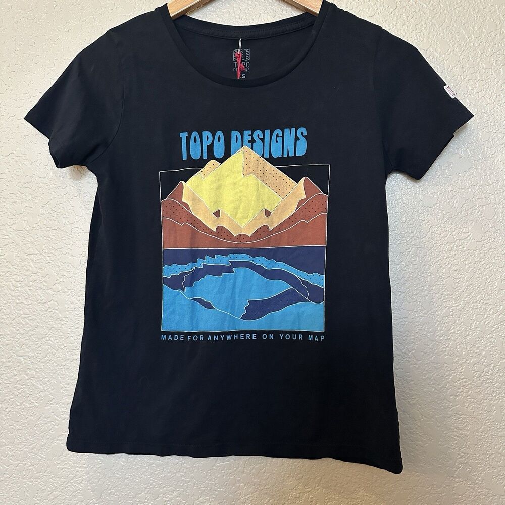 topo designs Graphic Womens T Shirt Black XS Mountain Map‎ New With Tags